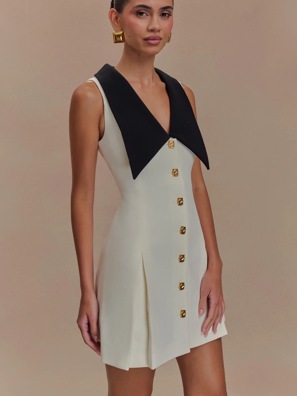 Meshki Cream Mini Dress with Black Collar and Gold Buttons
